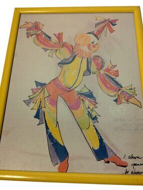 Vtg Wesson Rainbow Clown Costume Art Sketch Yellow Framed Print Circus Fashion